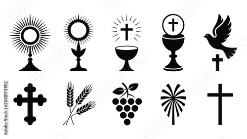 Foto Set of monochrome religious icons featuring crosses chalices monstrance and wheat symbols