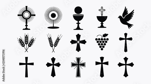Christian religious symbols set collection featuring chalices crosses and holy elements.