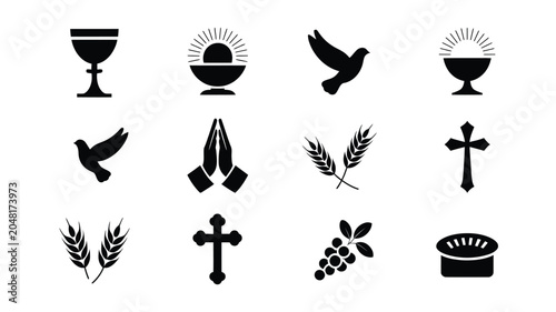 Black religious icons featuring communion chalices doves wheat grapes and cross graphics.