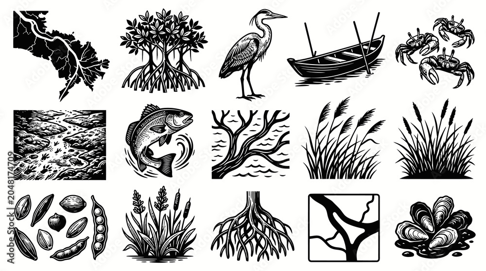 Fototapeta premium Wetland Ecosystem Engraving Style Vector Set: Black and White Icons of Mangrove, Heron, Crabs, Fish, and Aquatic Plants