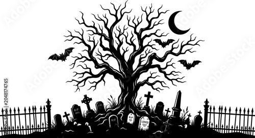 Foto Spooky Halloween Graveyard Silhouette with Haunted Tree Bats Crescent Moon and T