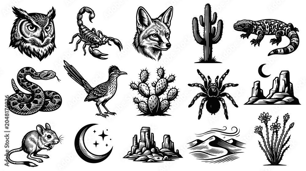 Fototapeta premium Desert Wildlife Landscape Icons - Black and White Line Art Vector Set