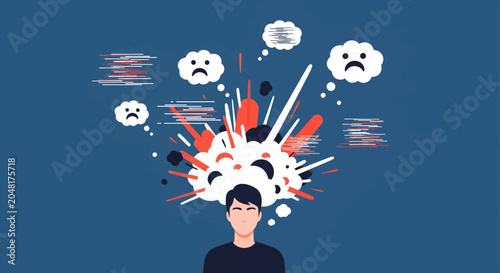 Man experiencing mental overload, stress, and anxiety with chaotic thoughts exploding from his head.