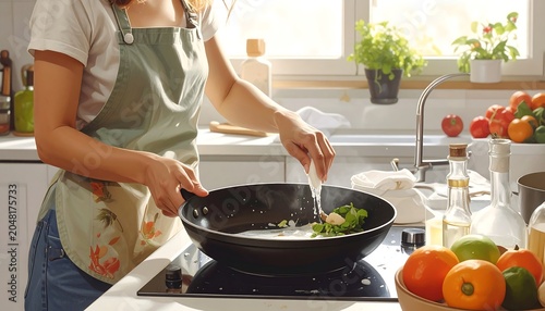 A woman wearing an apron cooks in a bright kitchen. Sunlight streams through the window illuminating the scene