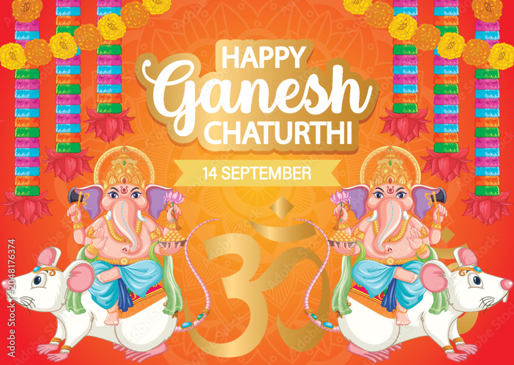 Fototapeta premium Vibrant Ganesh Chaturthi Greeting Card with Hindu Deity and Traditional Decorations