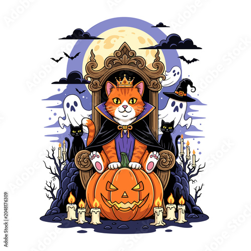 Konstfotografi Halloween Cat Vampire King Sitting on Throne with Jack O Lantern Moon and Ghosts