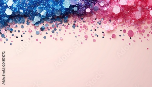 Glittering blue and pink hexagon sprinkles with light pink background. Perfect for holiday invitations, party banners, or festive designs.