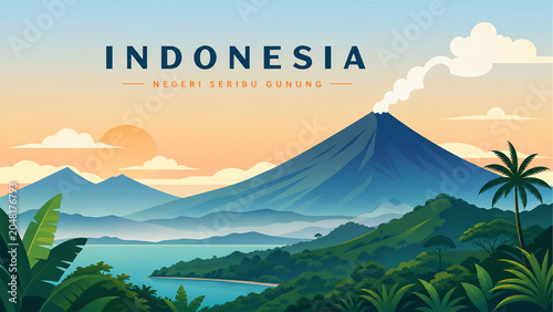 Vibrant illustration of Indonesia's natural beauty with a smoking volcano, lush greenery, palm trees, and a serene bay at sunrise, evoking tropical paradise