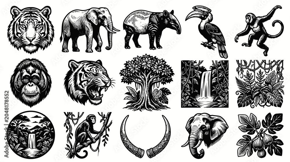 Fototapeta premium Black and White Vector Icons of Jungle Animals and Nature Scenes