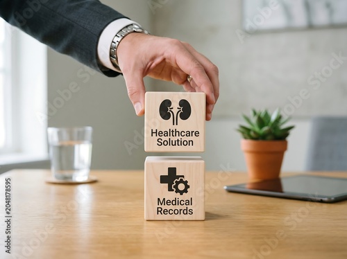 Hand holding wooden block with healthcare solution and medical records