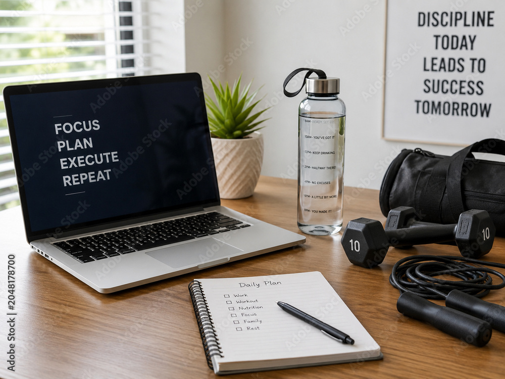 Obraz premium Productive Daily Plan and Wellness Tools on an Organized Desk