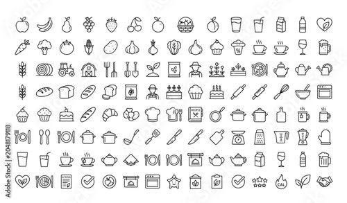 Quadro su tela Food nutrition bakery and agriculture outline icons editable stroke vector illus