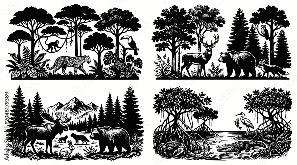 Fototapeta premium Black and White Vector Illustration of Diverse Animals in Natural Habitats