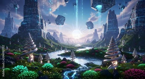 A surreal, futuristic alien landscape with towering crystalline structures, floating islands, and a vibrant, glowing river under a bright sun.