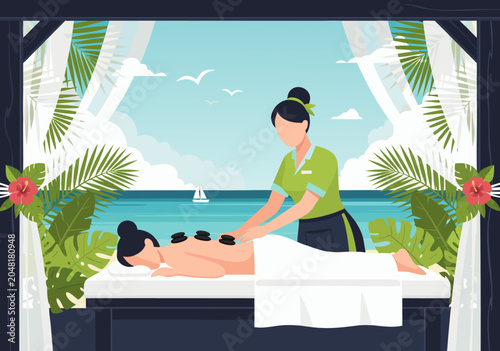 Tableau sur toile A serene spa therapist giving a relaxing massage on a beachside resort table with tropical plants