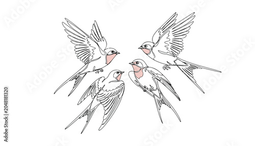 Quadro su tela Continuous Simple black line art drawing set of Swallows bird in a minimalist style on a white background