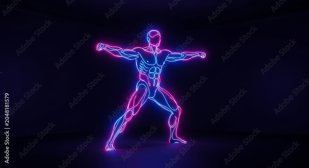 Obraz premium Ultraviolet neon dancer in dynamic pose against dark background.