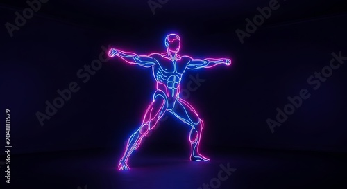 Ultraviolet neon dancer in dynamic pose against dark background.