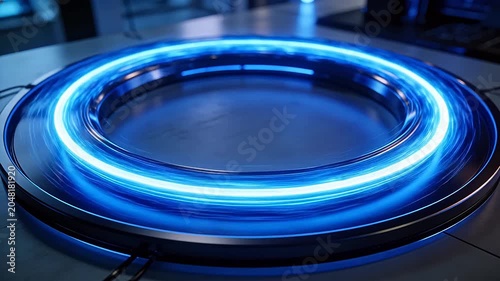 Large circular device with bright blue glowing light ring on smooth surface in dark lab
