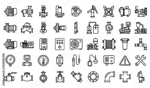 Industrial Water Pump Line Icons Collection for Engineering and Utility Interfaces