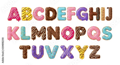Donut alphabet letters set sweet glazed doughnut font with colorful frosting and sprinkles from a to z
