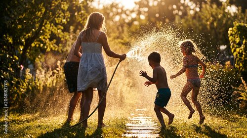 Joyful Children Playing in Backyard with Garden Hose on Sunny Summer Day