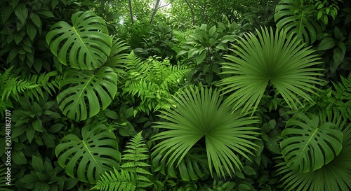 Lush tropical foliage with large green leaves plants