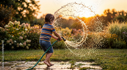 Joyful Child Playing with Garden Hose at Sunset in Backyard Summer Fun