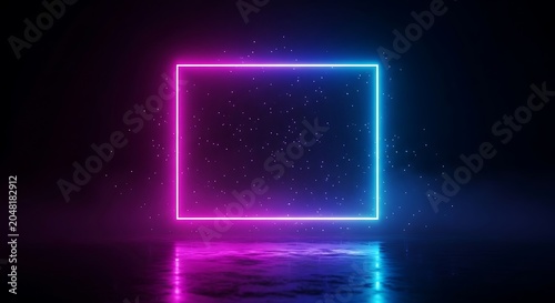 Neon pink and blue rectangle frame on dark background with reflection