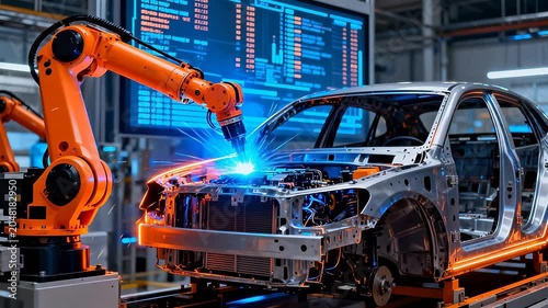 Orange industrial robot welding silver car frame with blue orange sparks in manufacturing plant