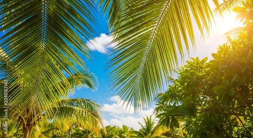 Palm trees against sunny blue sky with clouds tropical