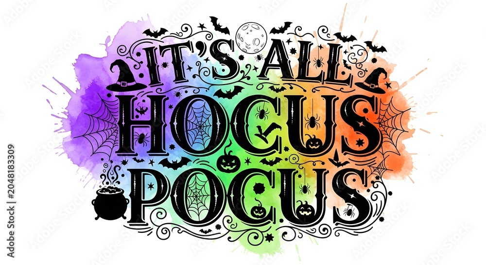 Fototapeta premium Its all hocus pocus halloween typography design with bats, spiders, pumpkins, and witch hat on watercolor background