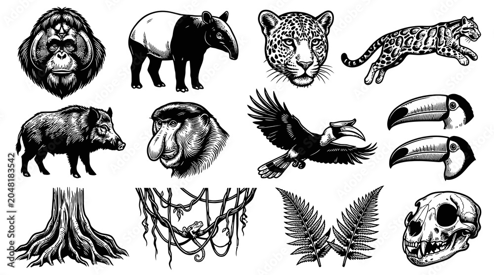 Obraz premium Vintage Black and White Jungle Animals and Elements Vector Art