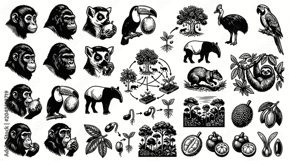 Fototapeta premium Nature Wildlife Ecology Engraving Set: Tropical Animals, Fruits, Plant Life Cycle Vintage Black White Line Art