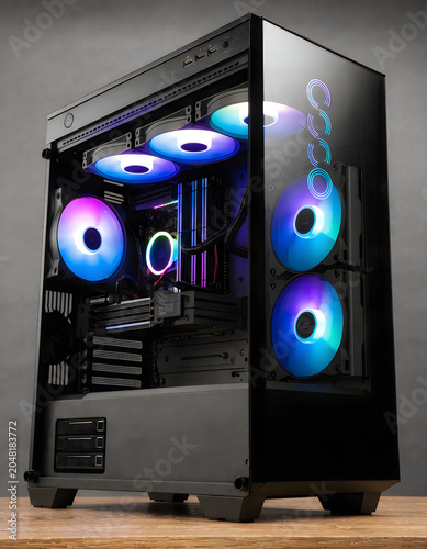 Modern computer gaming pc desktop case featuring neon rgb lights and clear tempered glass side panel.