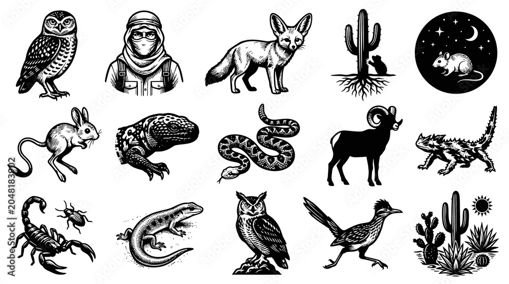 Fototapeta premium Engraved Black and White Desert Wildlife Set: Animals, Cactus, Fox, Owl, Scorpion, Roadrunner