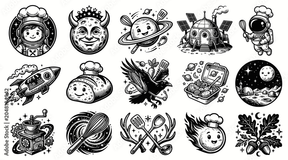 Obraz premium Whimsical Black and White Food Space Adventure Icons
