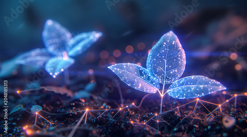 Glowing blue fantasy plants growing in dark soil with sparkling particles. Magical bioluminescent nature scene, futuristic botanical concept and mystical forest atmosphere. 4K Wallpaper