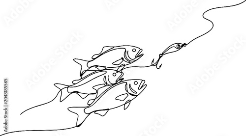 Illustration of several fish hooked on fishing line.