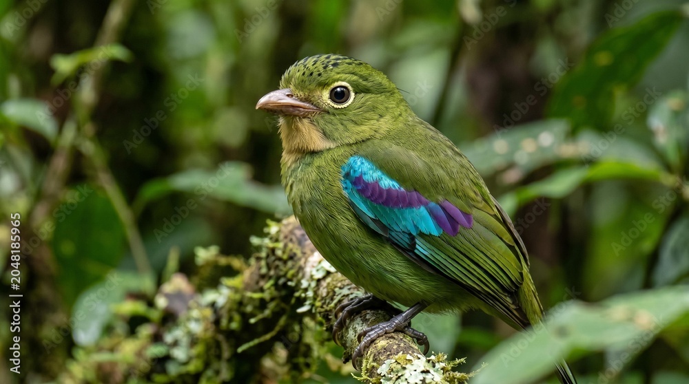 Obraz premium Vibrant tropical bird with iridescent wings perched on a mossy branch in lush rainforest