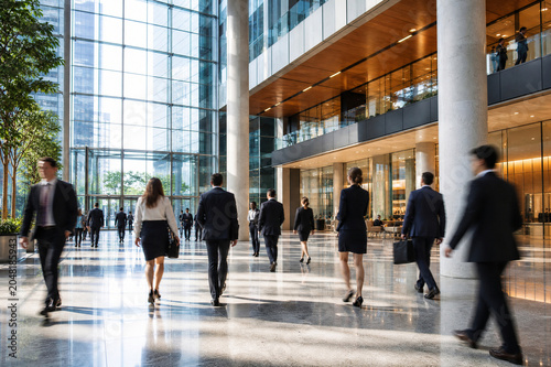 Modern office building architecture with glass windows and people walking