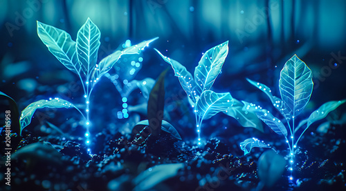 Glowing blue fantasy plants growing in dark soil with sparkling particles. Magical bioluminescent nature scene, futuristic botanical concept and mystical forest atmosphere. 4K Wallpaper