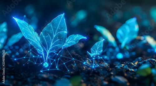 Glowing blue fantasy plants growing in dark soil with sparkling particles. Magical bioluminescent nature scene, futuristic botanical concept and mystical forest atmosphere. 4K Wallpaper