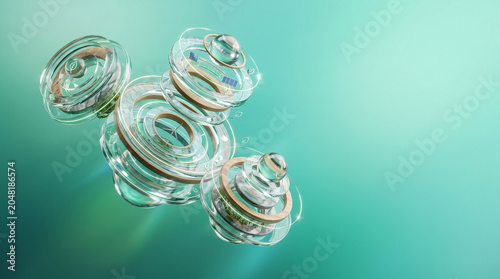 Futuristic glass molecule structure on teal background, abstract crystalline chemical bond concept, transparent laboratory glassware art for science and technology