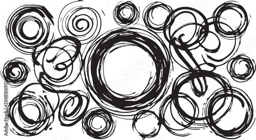 Tableau sur toile Abstract chaotic black ink circles backdrop with messy round paint swirl lines p