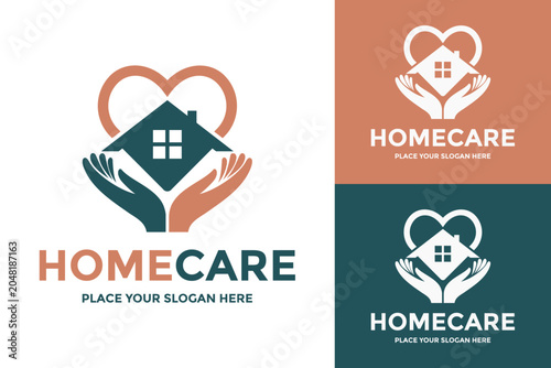 Home care logo featuring hands supporting a house within a heart shape for family.