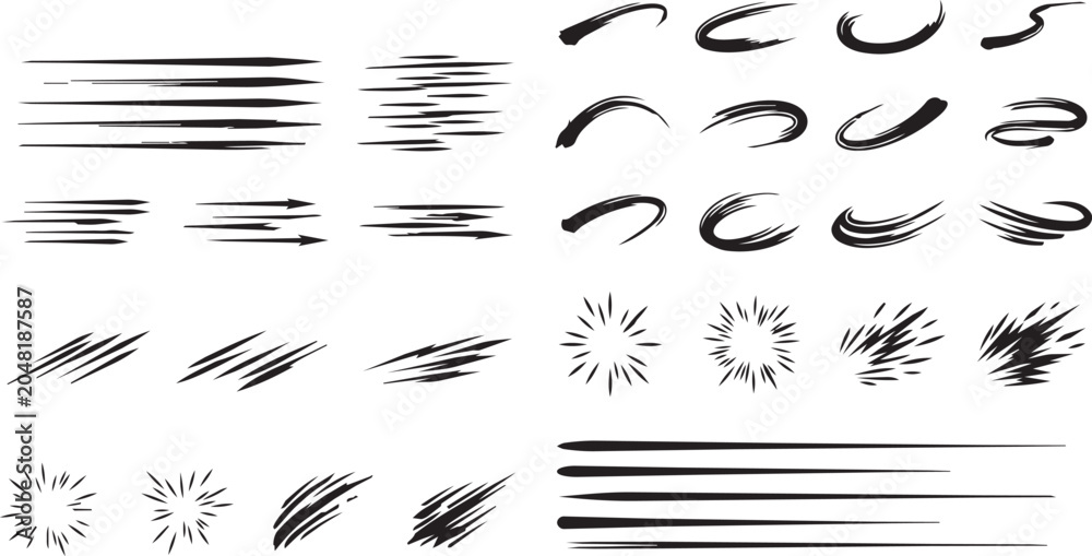 Fototapeta premium Big collection of comic speed lines burst effects and dynamic movement brush strokes isolated on white background