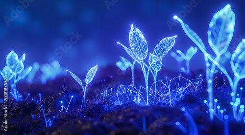 Glowing blue fantasy plants growing in dark soil with sparkling particles. Magical bioluminescent nature scene, futuristic botanical concept and mystical forest atmosphere. 4K Wallpaper