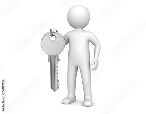 A white, simple figure stands, holding a large key as an illustration, against a pure white backdrop