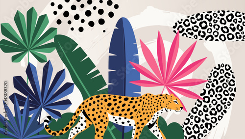 Photos A vibrant illustration of a cheetah walking through a lush tropical forest filled with exotic plants and colorful foliage